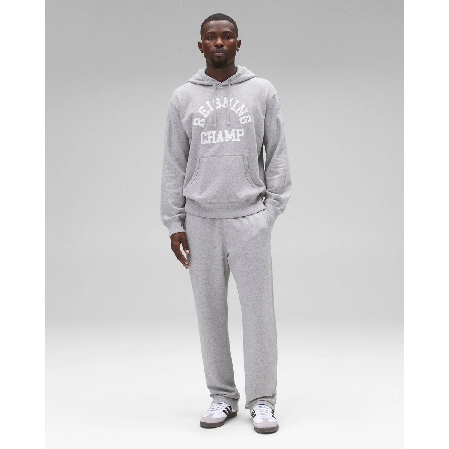 Reigning Champ Men Knit Midweight Terry Arch Logo Hoodie Heather Grey