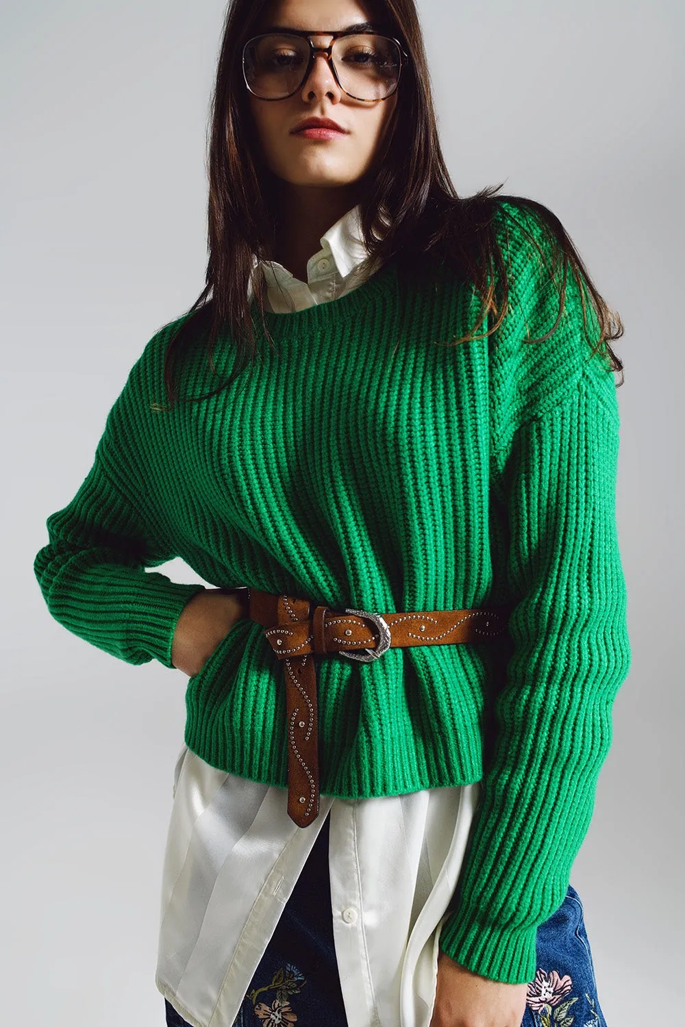 Relaxed waffle knit jumper in bright green