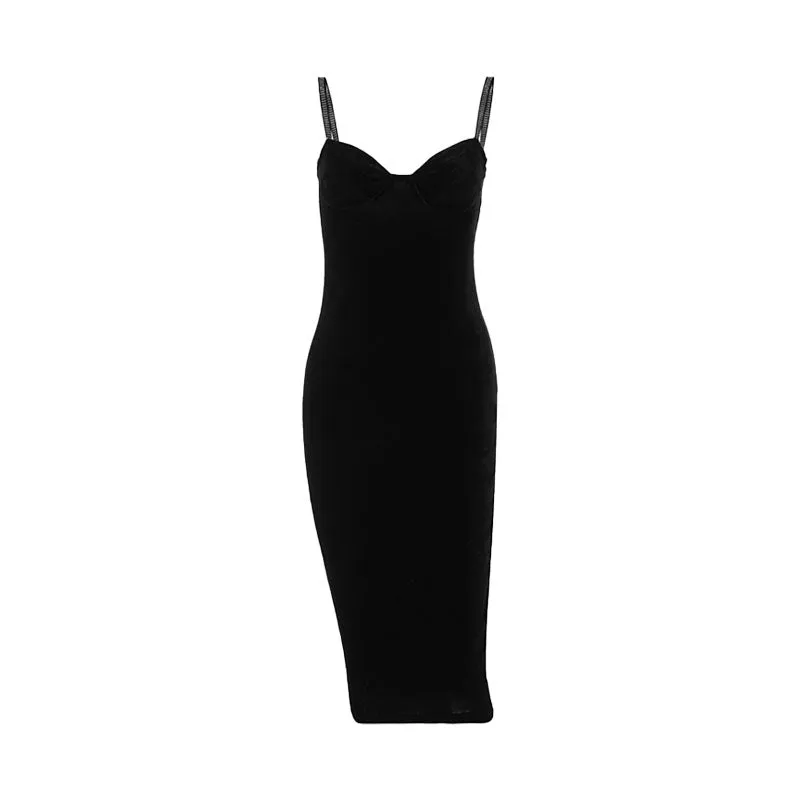 Rhinestone Sweetheart Neck Cocktail Midi Dress - Black