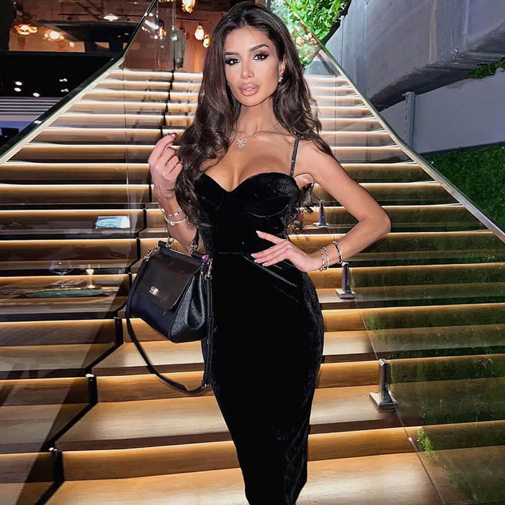 Rhinestone Sweetheart Neck Cocktail Midi Dress - Black