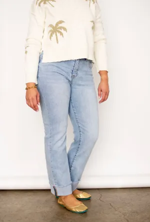 RISEN High Rise Straight Leg Cuff Jeans in Light Wash