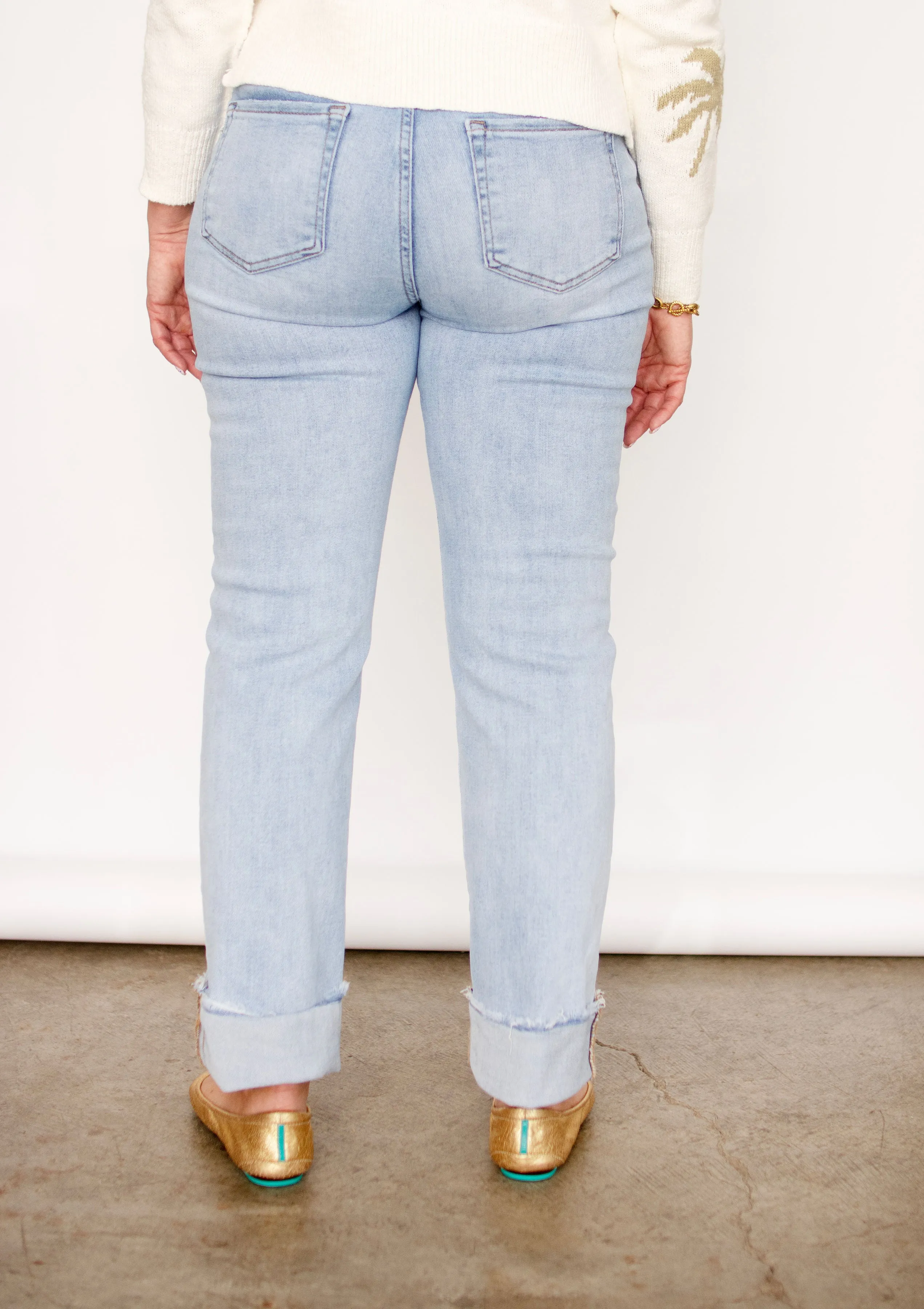 RISEN High Rise Straight Leg Cuff Jeans in Light Wash
