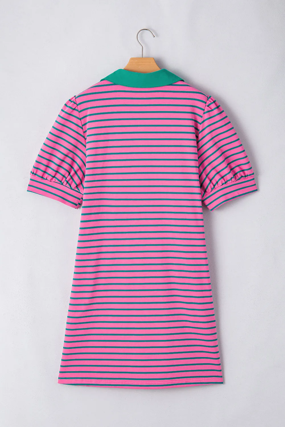 Rose Stripe Collared V Neck Puff Sleeve Shift T Shirt Dress with Pockets
