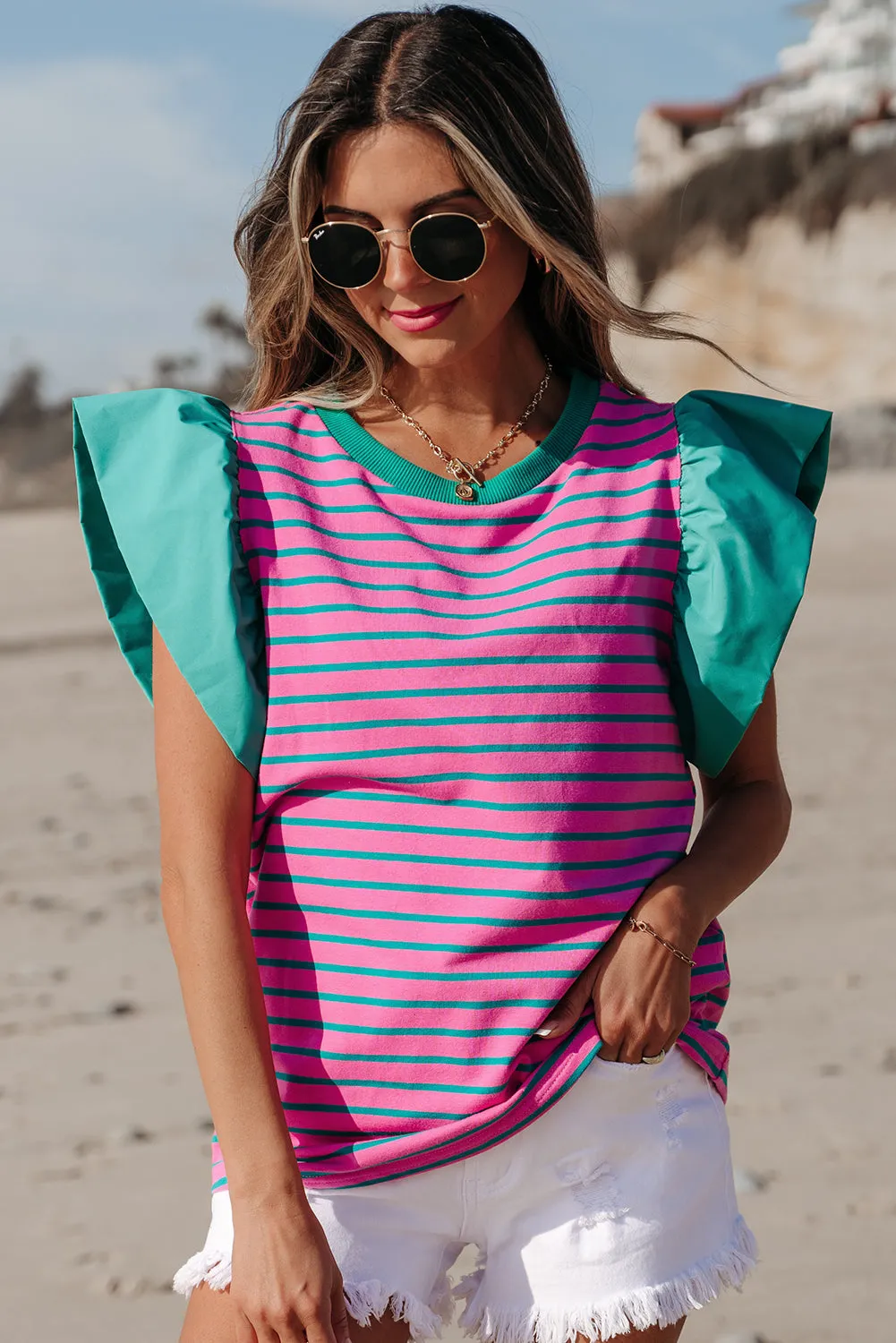 Rose Stripe Collared V Neck Puff Sleeve Shift T Shirt Dress with Pockets