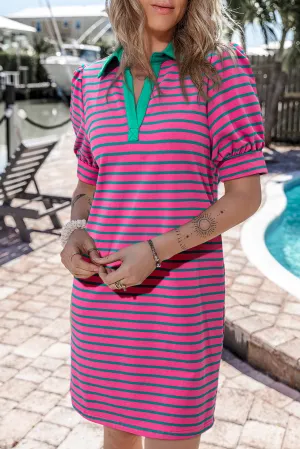 Rose Stripe Collared V Neck Puff Sleeve Shift T Shirt Dress with Pockets