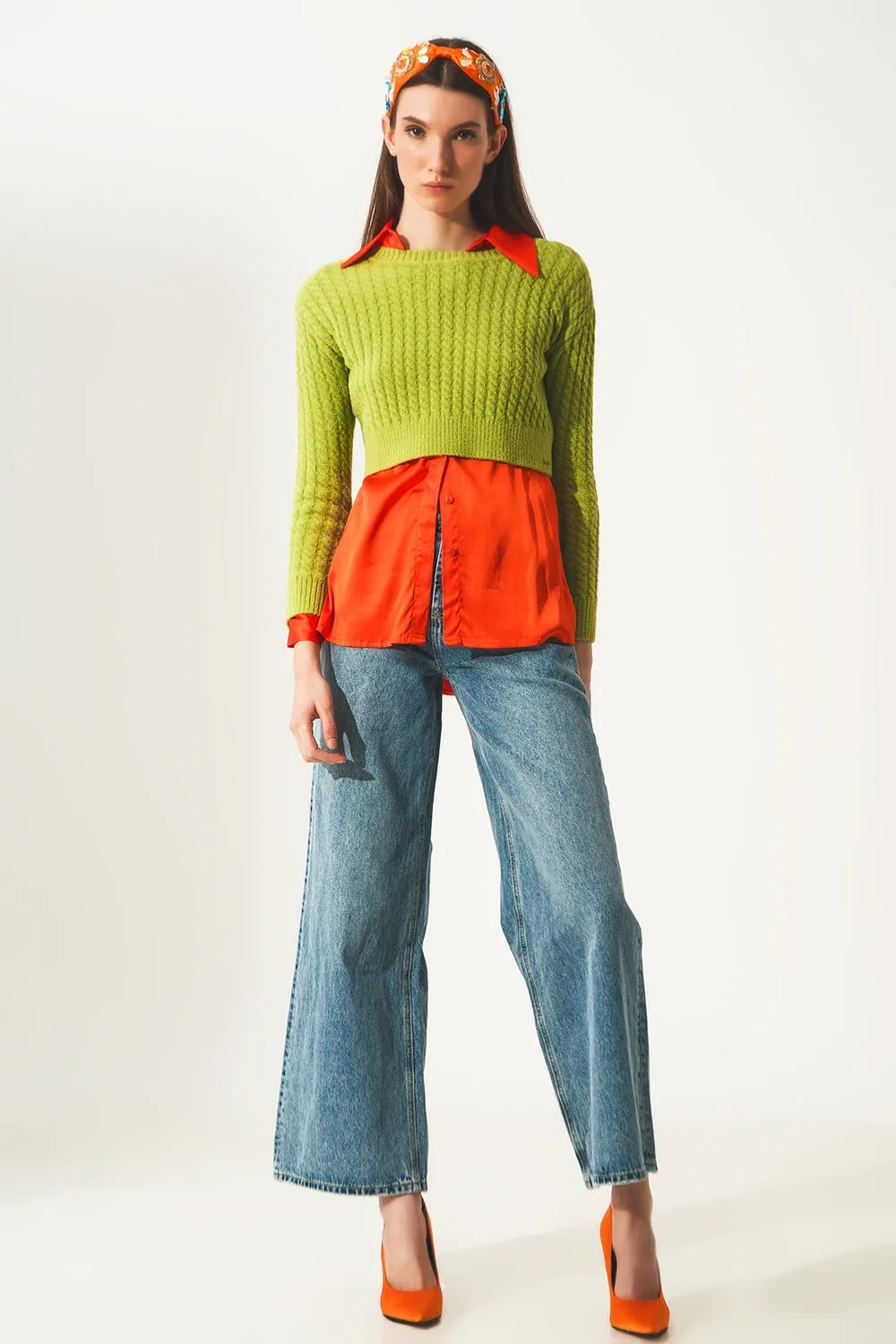Round neck cable knit crop jumper in lime green
