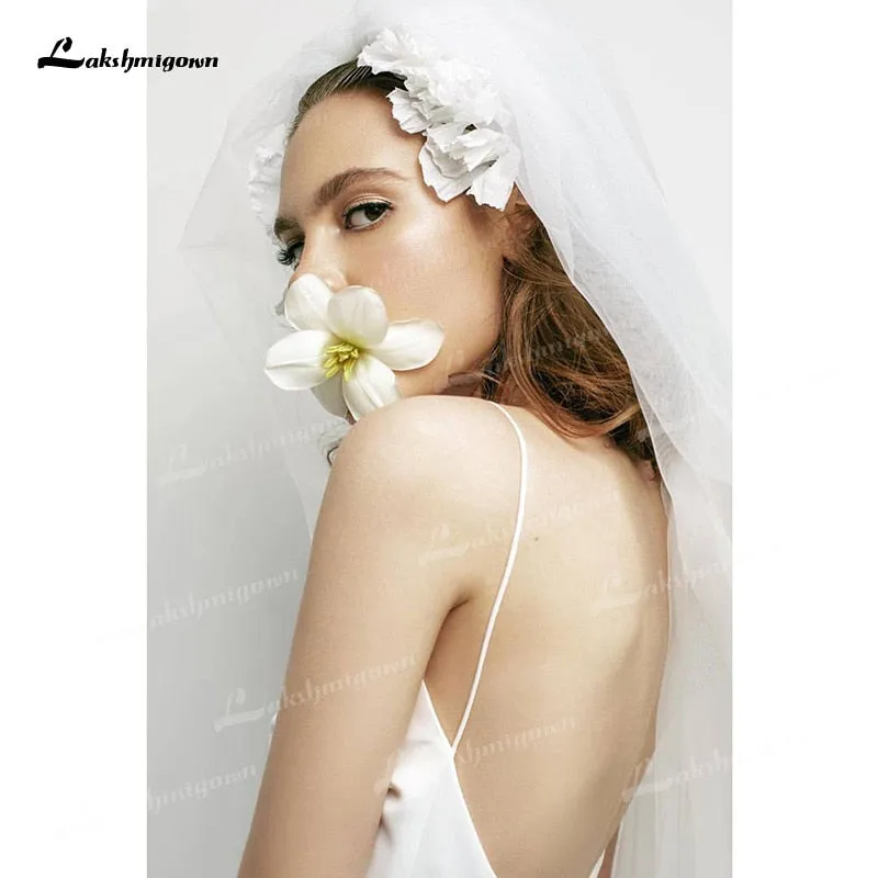 Roycebridal Simple Soft Satin A-Line Wedding Dresses Boat Neck Sleeveless Spaghetti Straps Corset Sexy Open Back Mid-Calf Bride Gowns Pleats