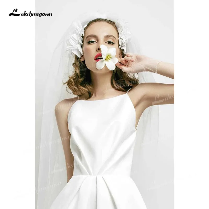 Roycebridal Simple Soft Satin A-Line Wedding Dresses Boat Neck Sleeveless Spaghetti Straps Corset Sexy Open Back Mid-Calf Bride Gowns Pleats
