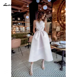 Roycebridal Simple Soft Satin A-Line Wedding Dresses Boat Neck Sleeveless Spaghetti Straps Corset Sexy Open Back Mid-Calf Bride Gowns Pleats