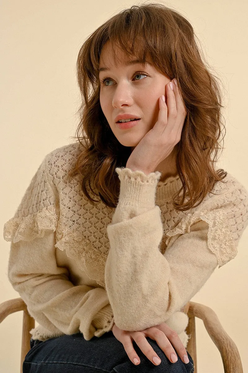 RUFFLED POINTELLE KNIT SWEATER