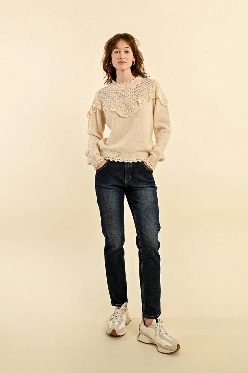 RUFFLED POINTELLE KNIT SWEATER