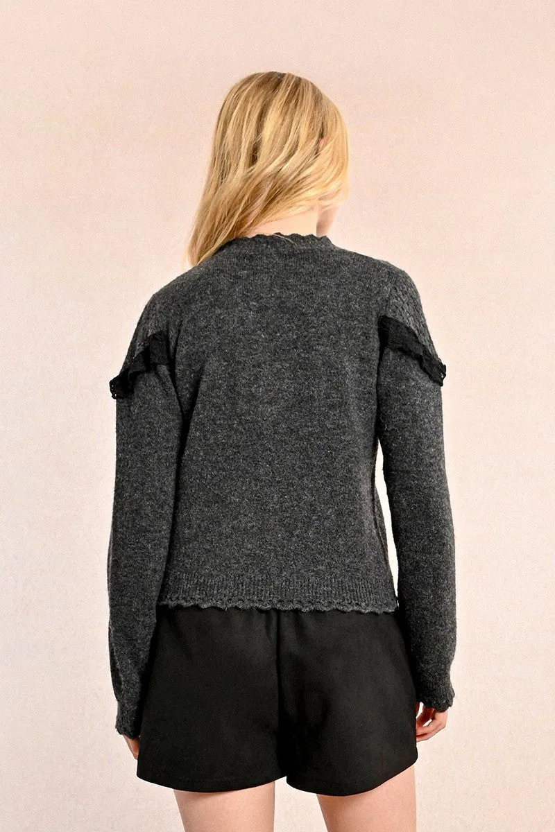 RUFFLED POINTELLE KNIT SWEATER