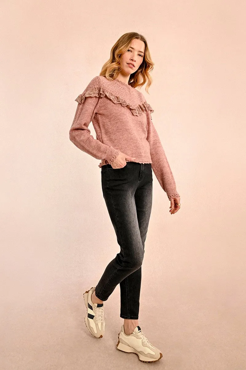 RUFFLED POINTELLE KNIT SWEATER