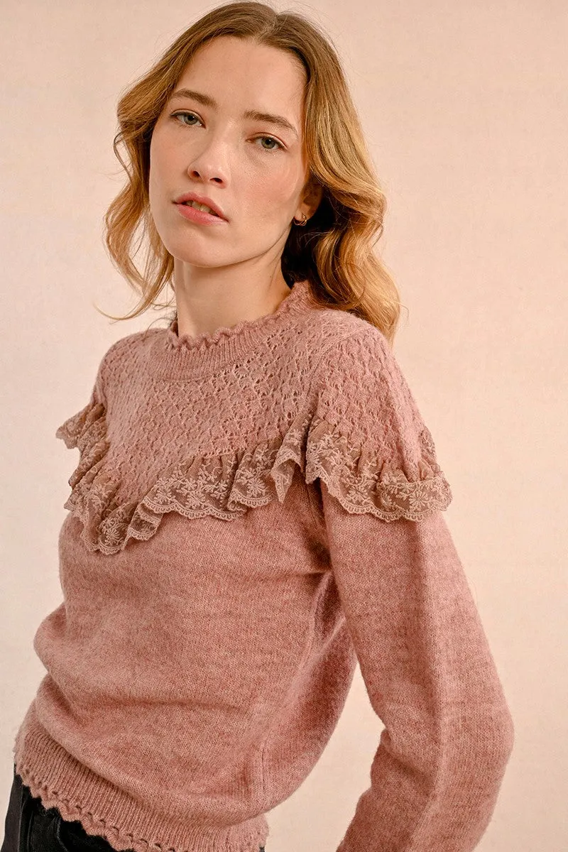 RUFFLED POINTELLE KNIT SWEATER