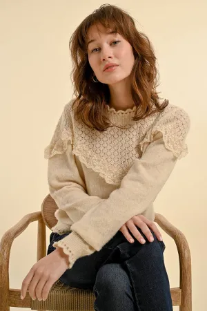 RUFFLED POINTELLE KNIT SWEATER