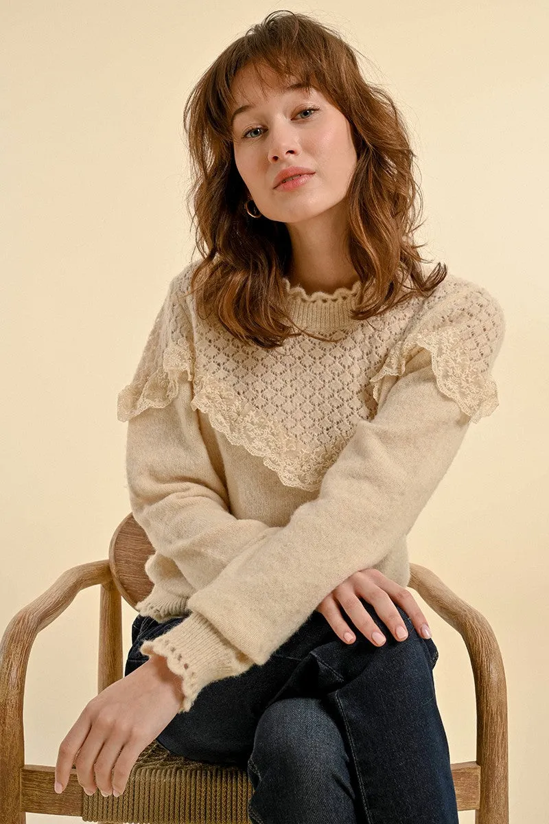 RUFFLED POINTELLE KNIT SWEATER