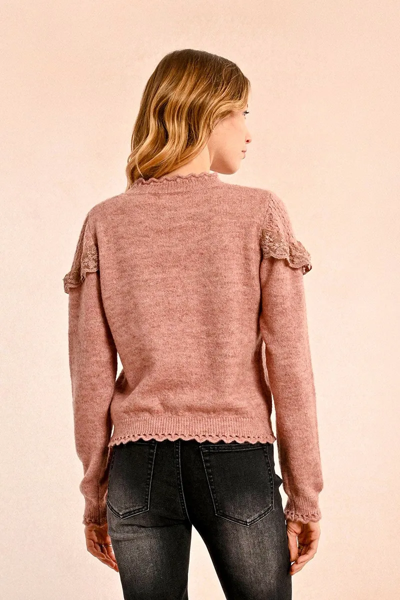 RUFFLED POINTELLE KNIT SWEATER