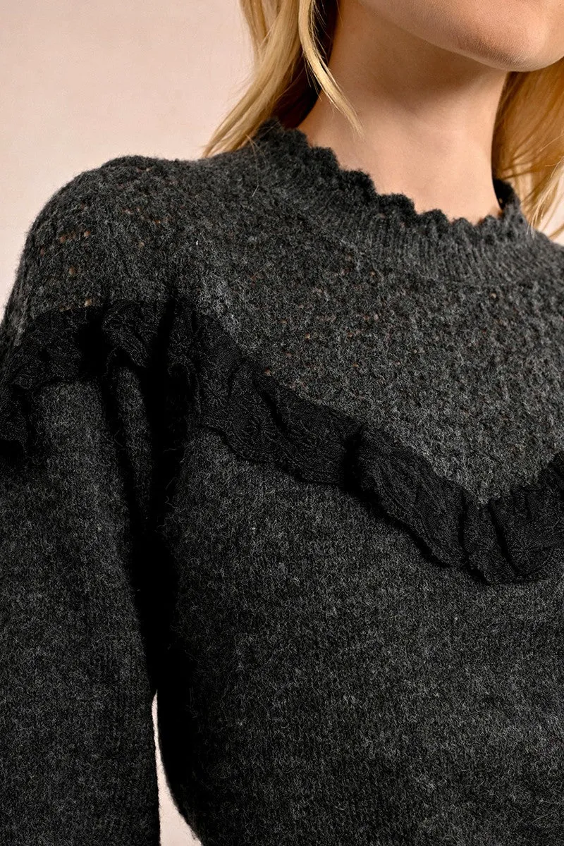 RUFFLED POINTELLE KNIT SWEATER