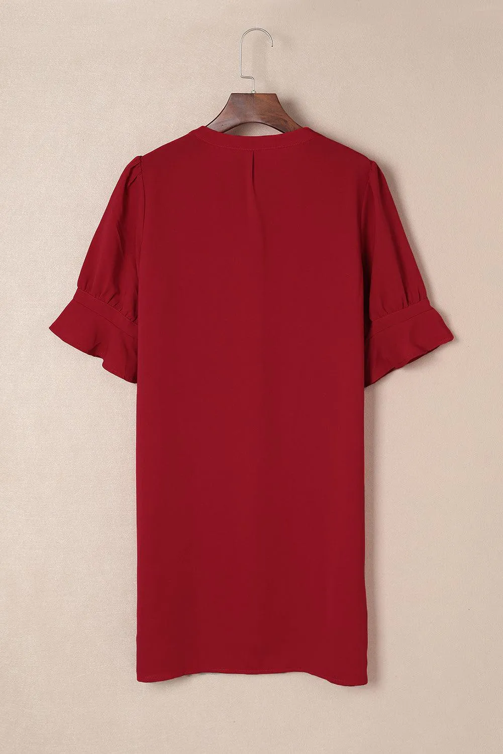 Ruffled Sleeve Shift Knee-Length Dress