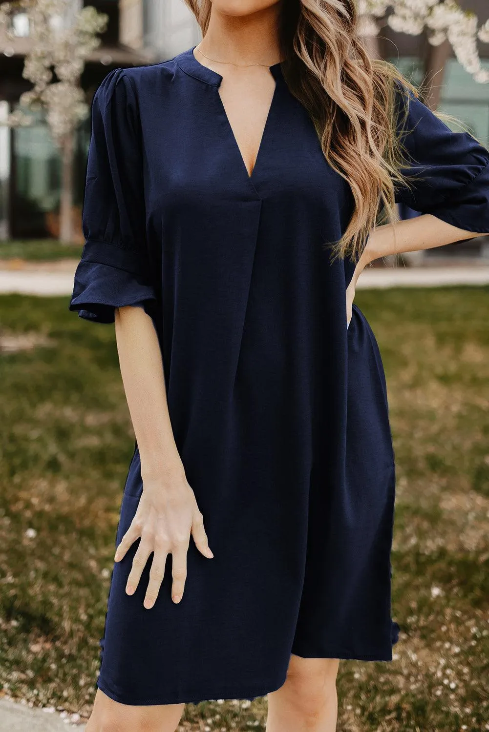Ruffled Sleeve Shift Knee-Length Dress