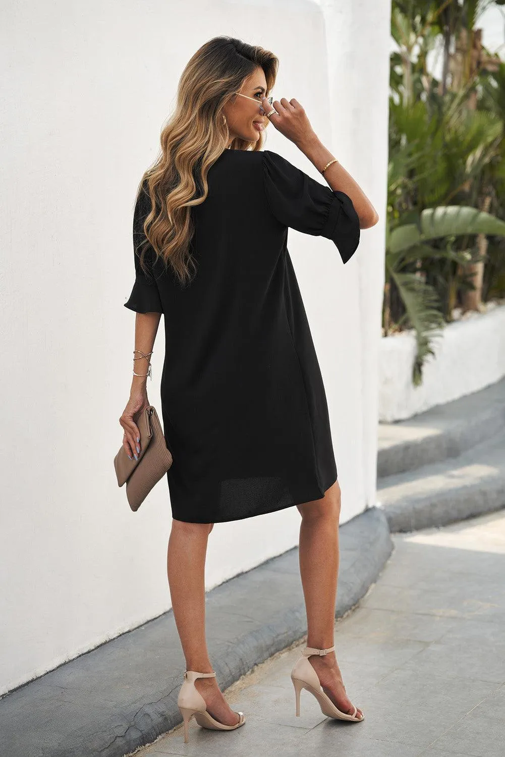 Ruffled Sleeve Shift Knee-Length Dress