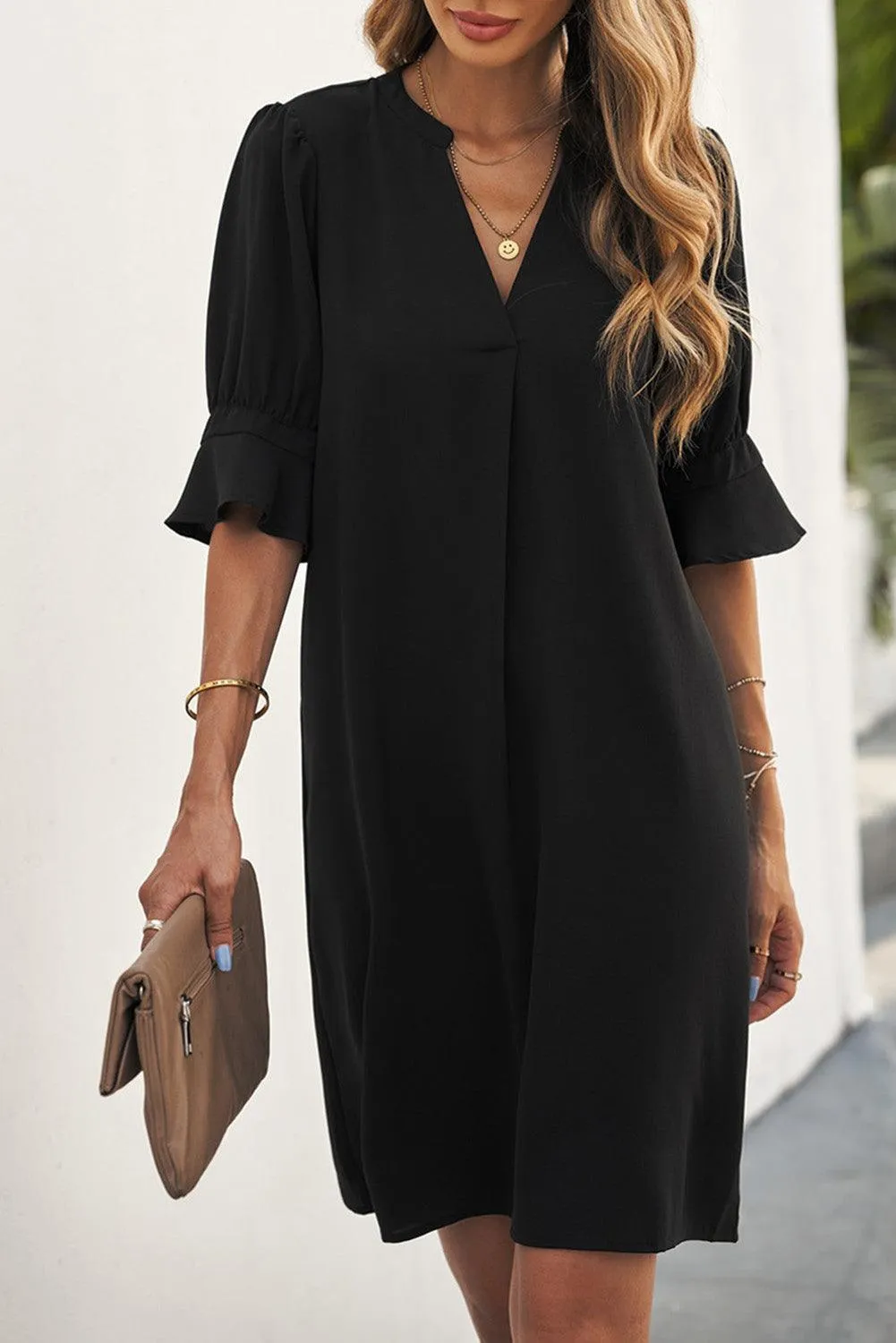 Ruffled Sleeve Shift Knee-Length Dress