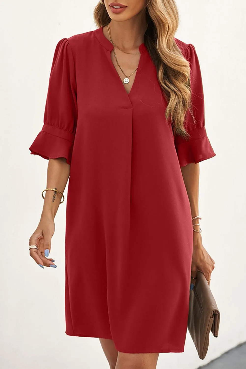 Ruffled Sleeve Shift Knee-Length Dress