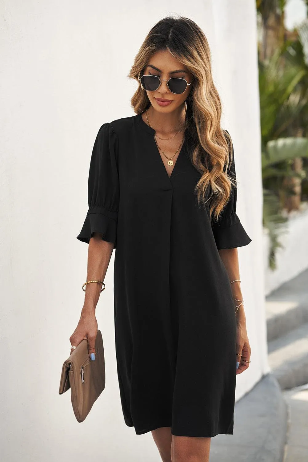 Ruffled Sleeve Shift Knee-Length Dress