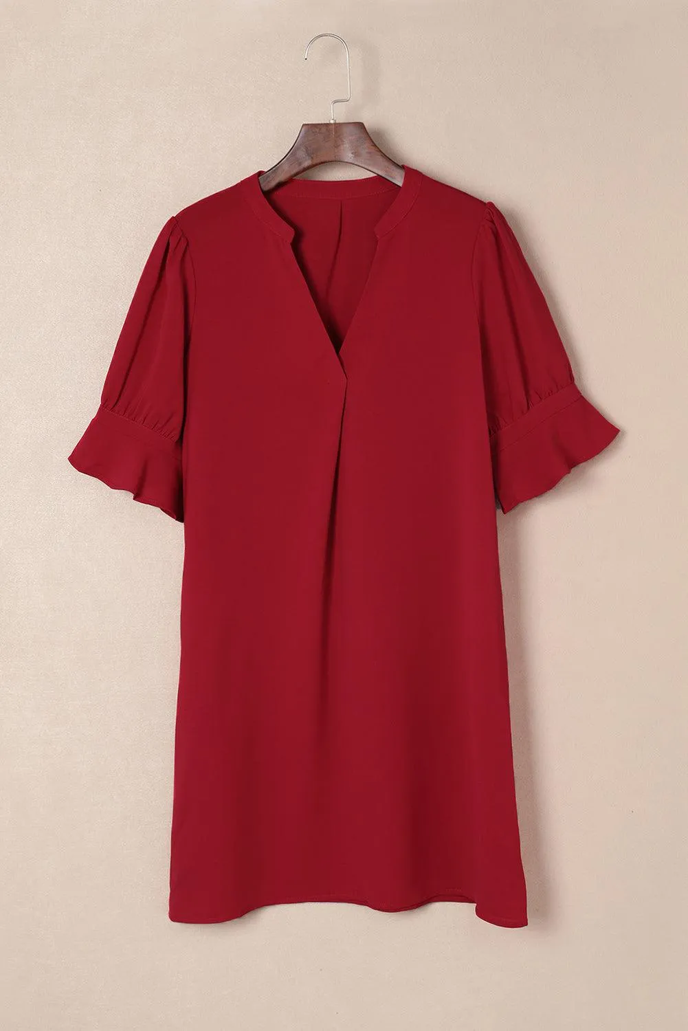 Ruffled Sleeve Shift Knee-Length Dress