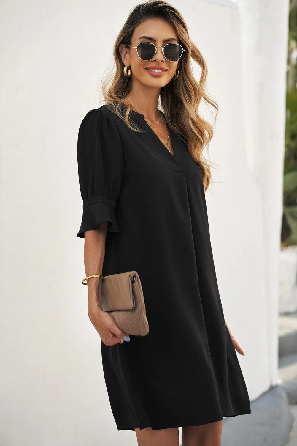 Ruffled Sleeve Shift Knee-Length Dress