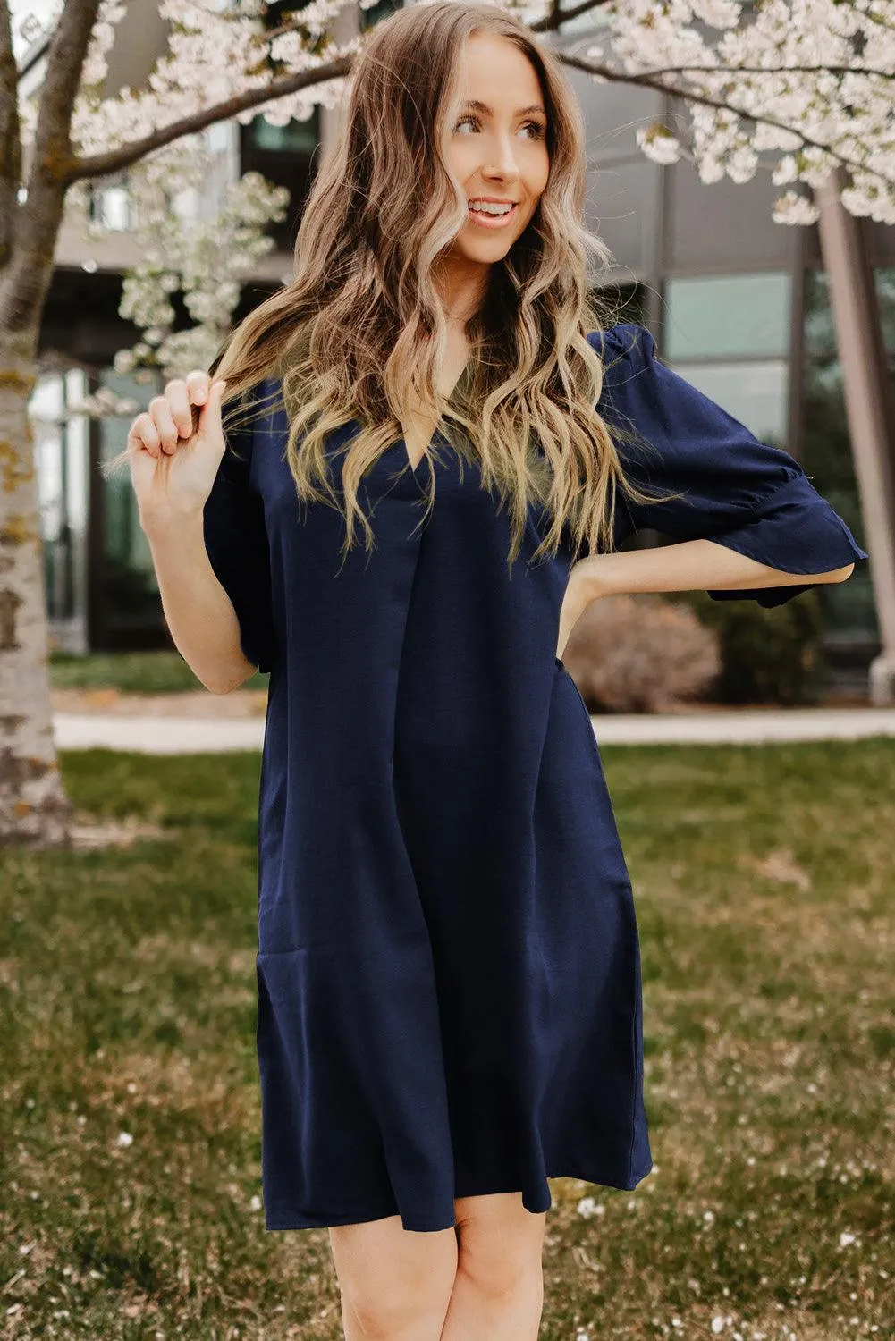 Ruffled Sleeve Shift Knee-Length Dress