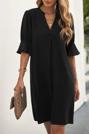 Ruffled Sleeve Shift Knee-Length Dress