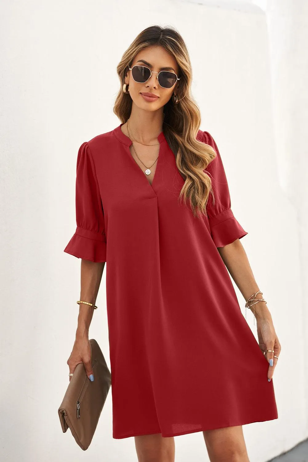 Ruffled Sleeve Shift Knee-Length Dress