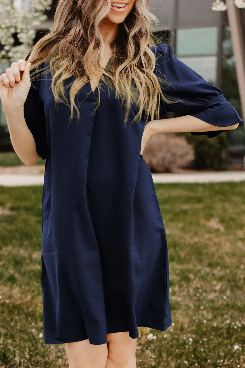 Ruffled Sleeve Shift Knee-Length Dress