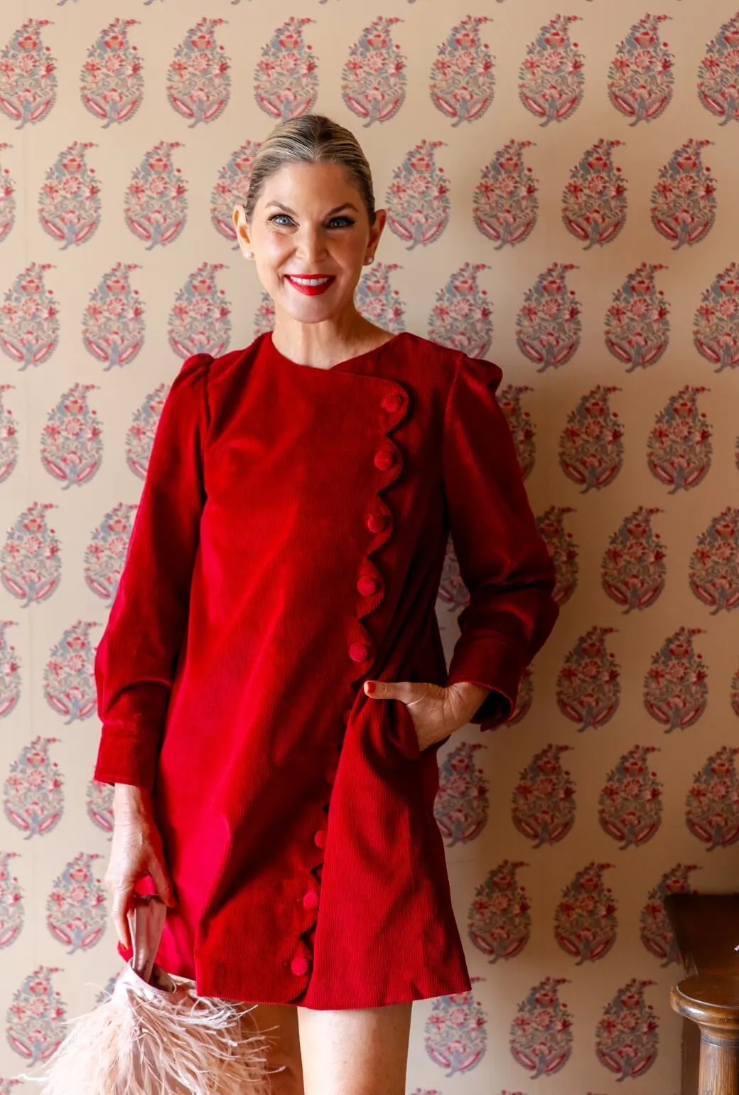 SAMPLE - Long Sleeve Scallop Shift Dress - Cabernet Corduroy
