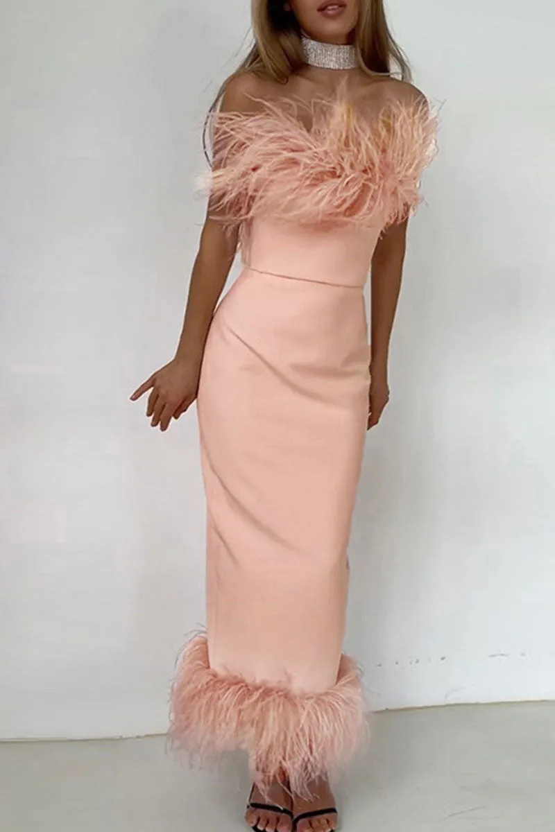 Sexy Solid Patchwork Feathers Strapless One Step Skirt Dresses(3 Colors)