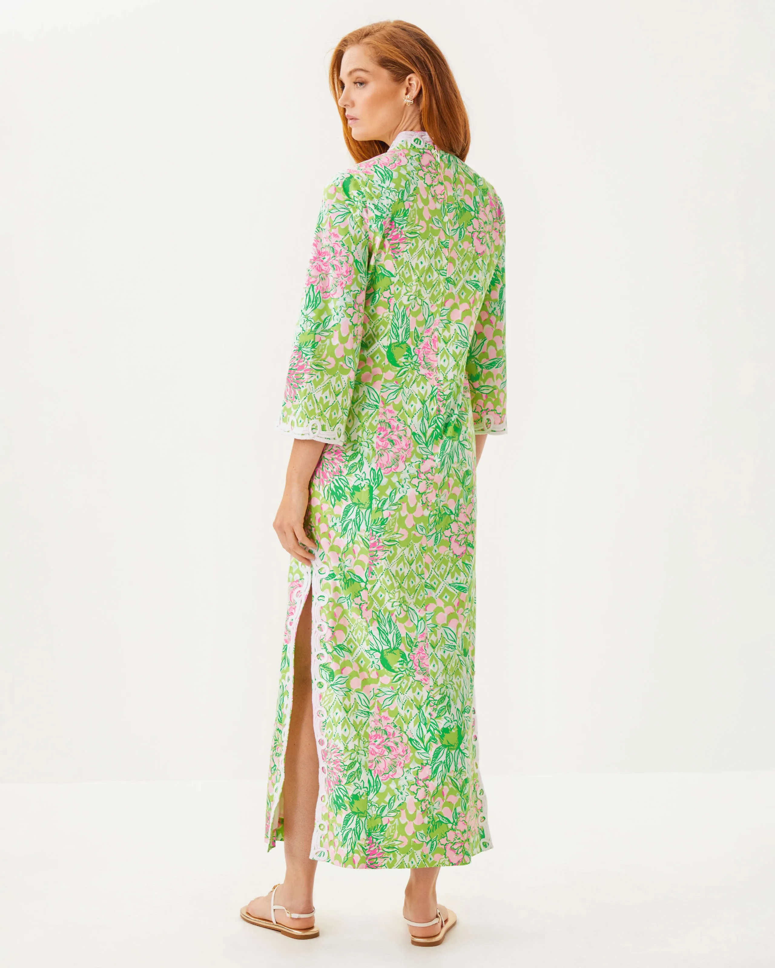 Shealyn 3/4 Sleeve Stretch Maxi Caftan - Fauna Green Lime Feeling Good