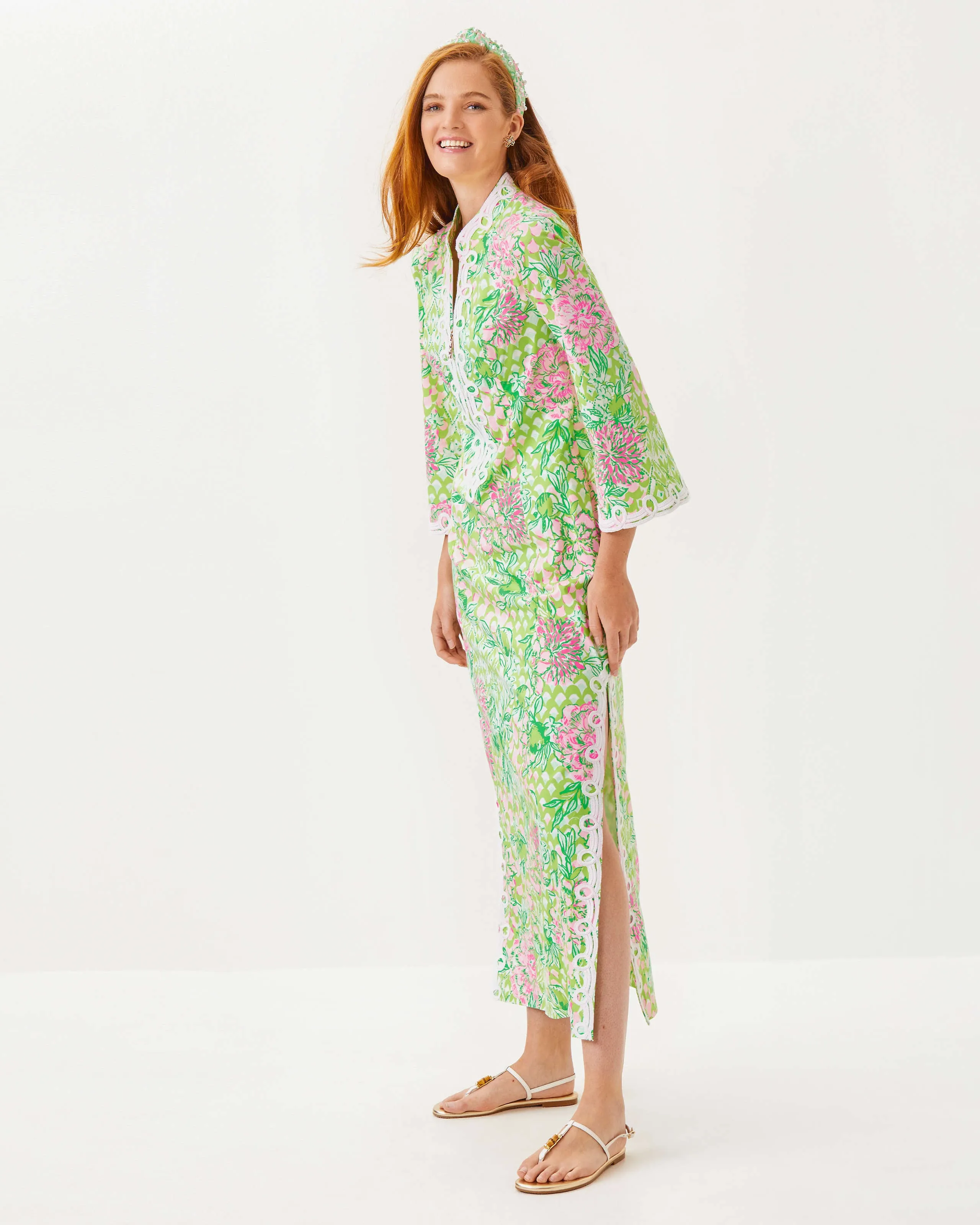 Shealyn 3/4 Sleeve Stretch Maxi Caftan - Fauna Green Lime Feeling Good
