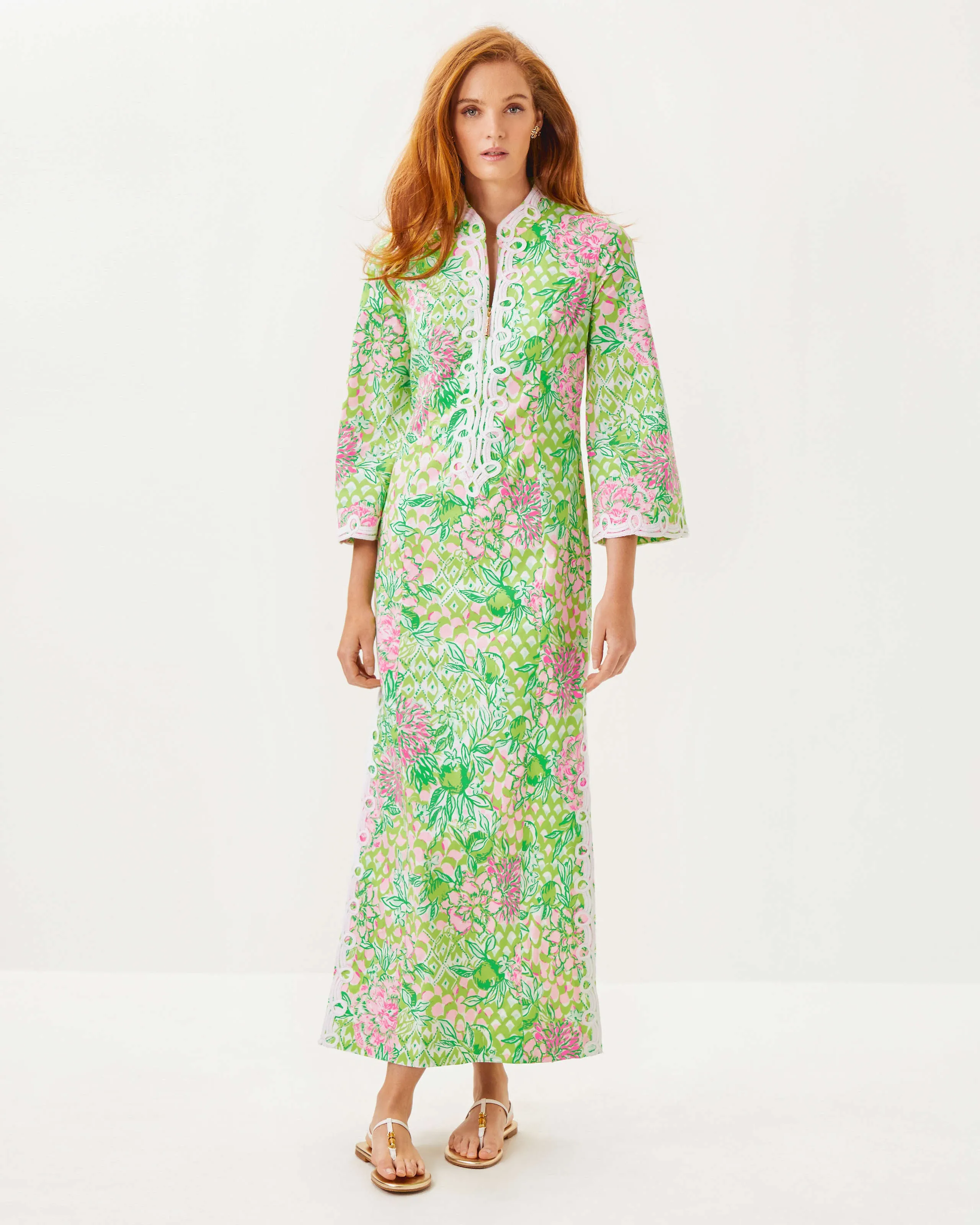 Shealyn 3/4 Sleeve Stretch Maxi Caftan - Fauna Green Lime Feeling Good