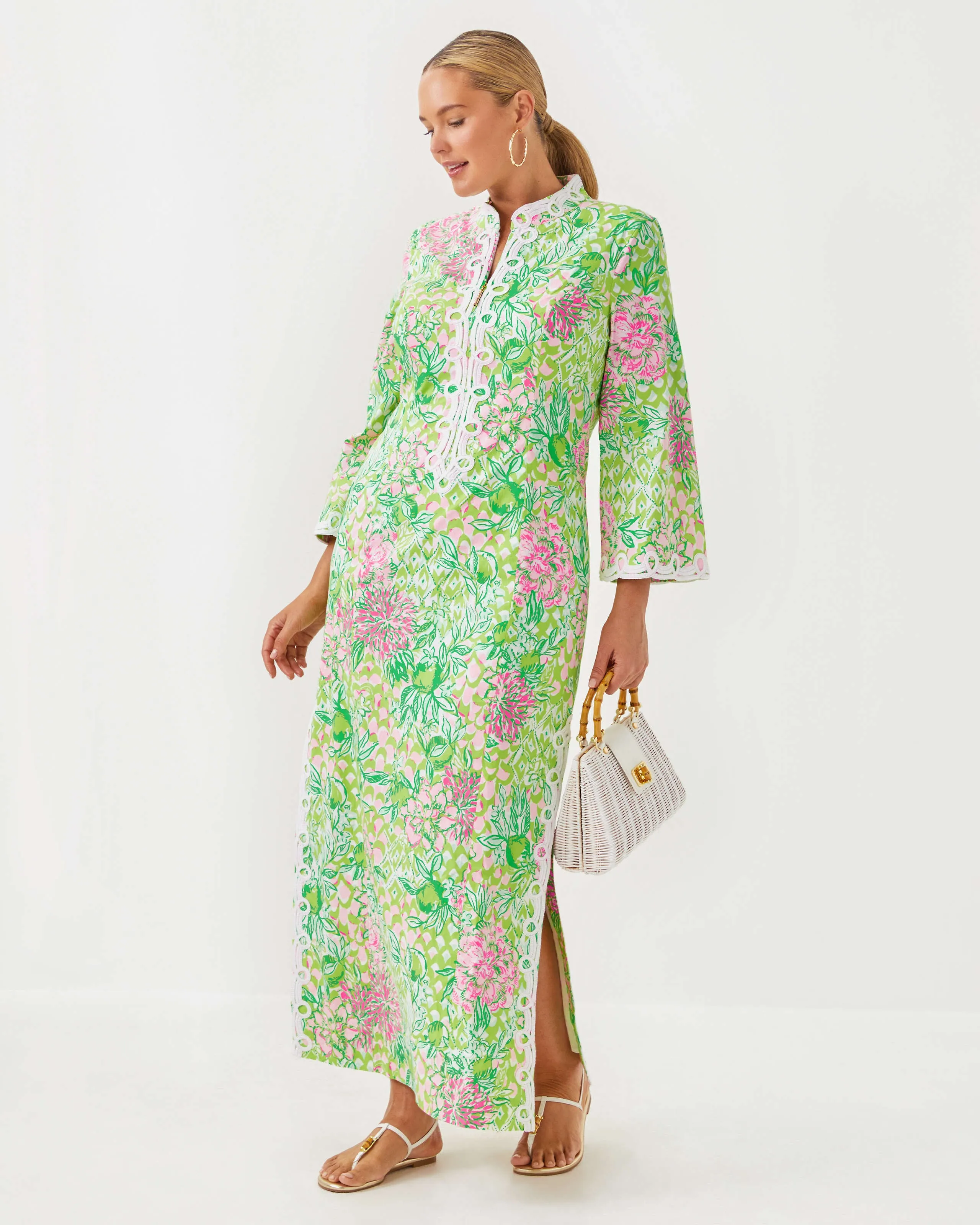 Shealyn 3/4 Sleeve Stretch Maxi Caftan - Fauna Green Lime Feeling Good