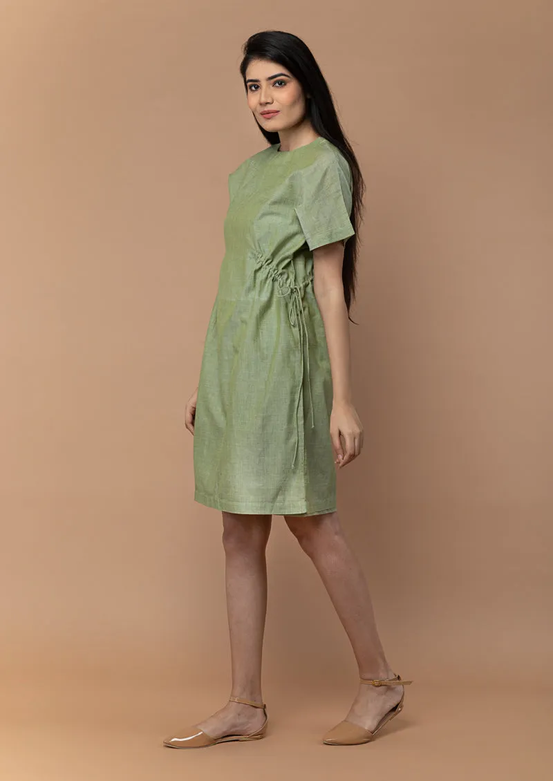 Shift Dress with Drawstrings in Apple green Hand Loom Cotton from Sambalpur (Set of 2)