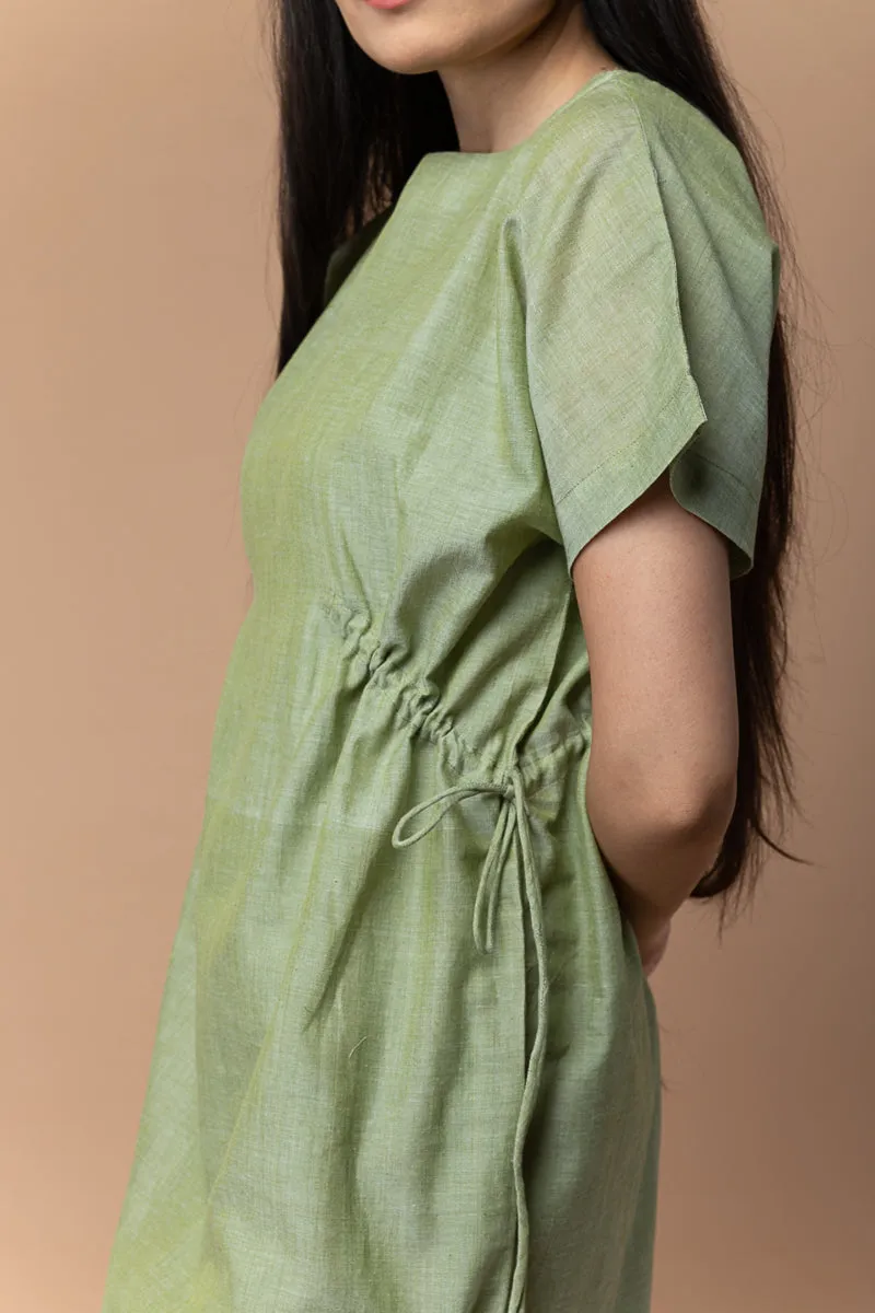 Shift Dress with Drawstrings in Apple green Hand Loom Cotton from Sambalpur (Set of 2)