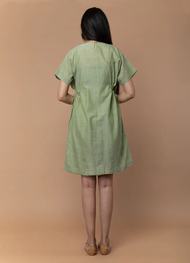 Shift Dress with Drawstrings in Apple green Hand Loom Cotton from Sambalpur (Set of 2)