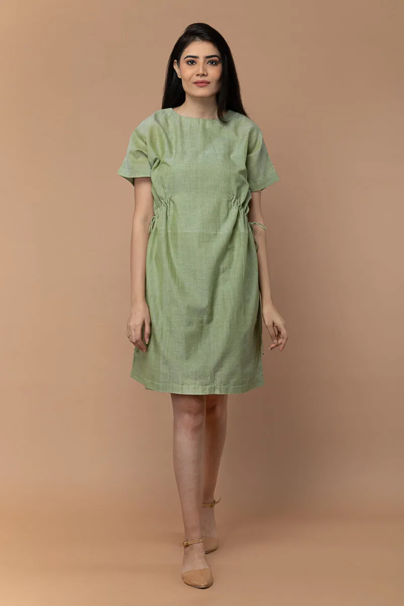 Shift Dress with Drawstrings in Apple green Hand Loom Cotton from Sambalpur (Set of 2)