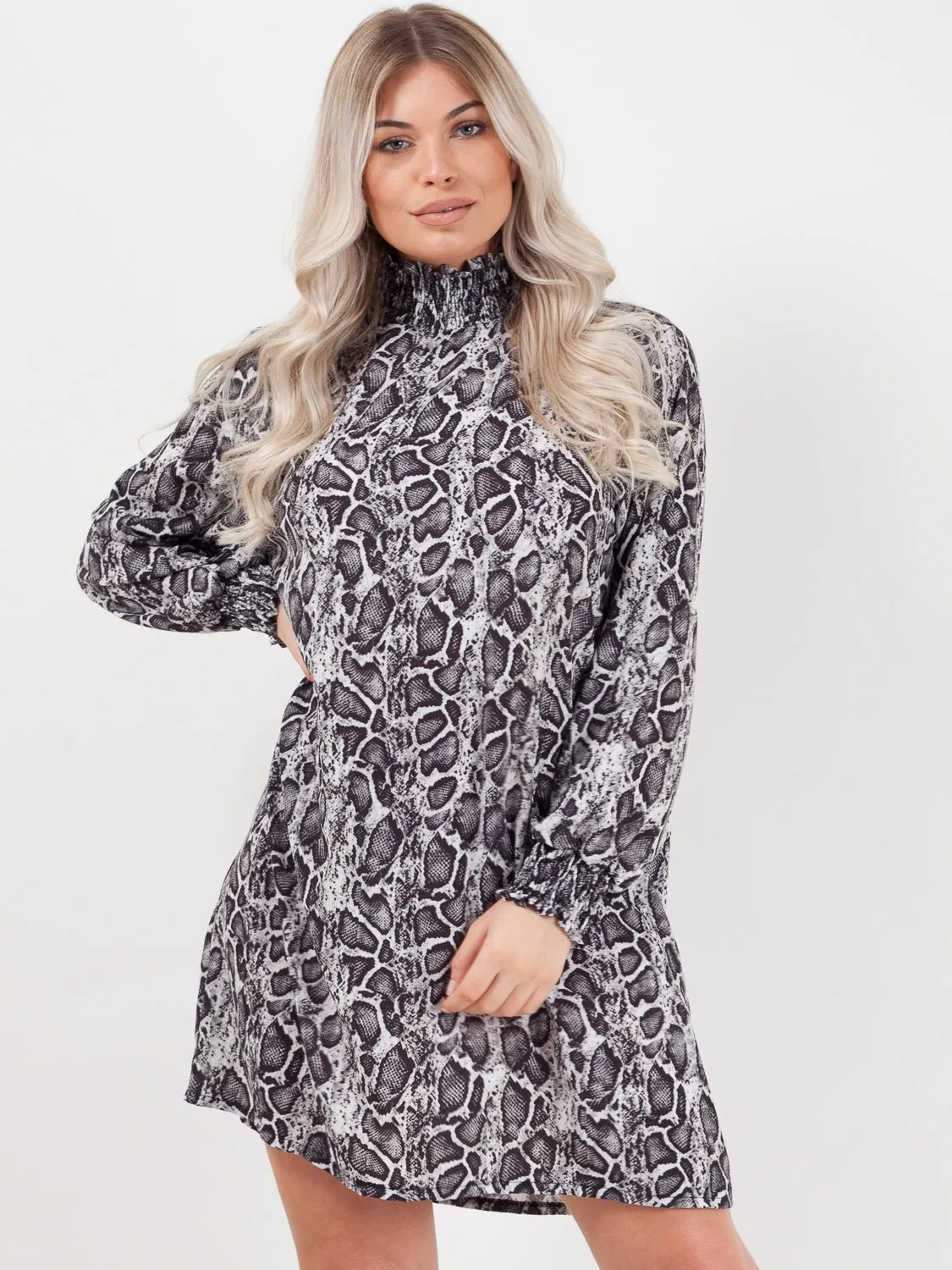 Shirred High Neck Snake Print Shift Dress