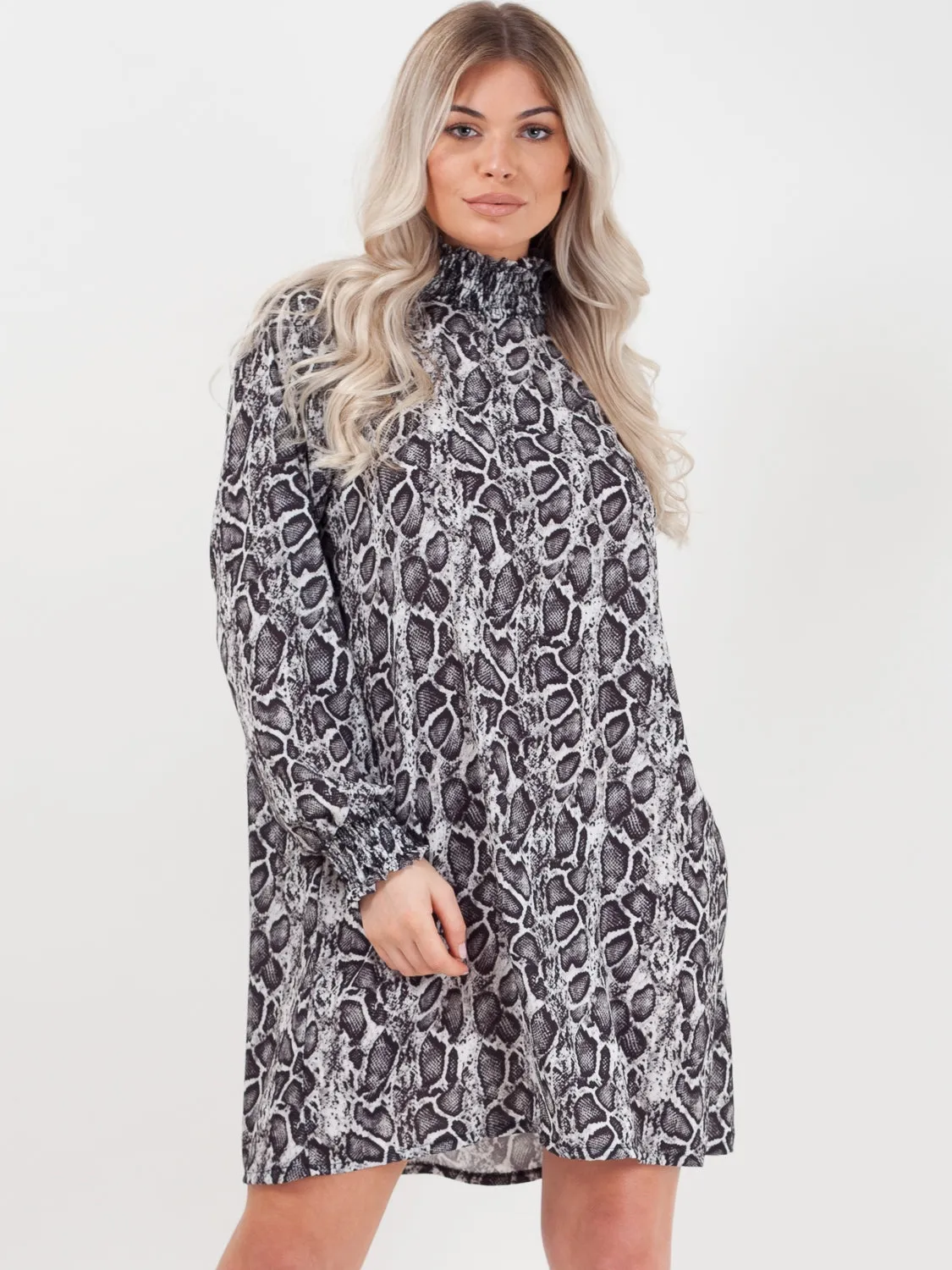 Shirred High Neck Snake Print Shift Dress