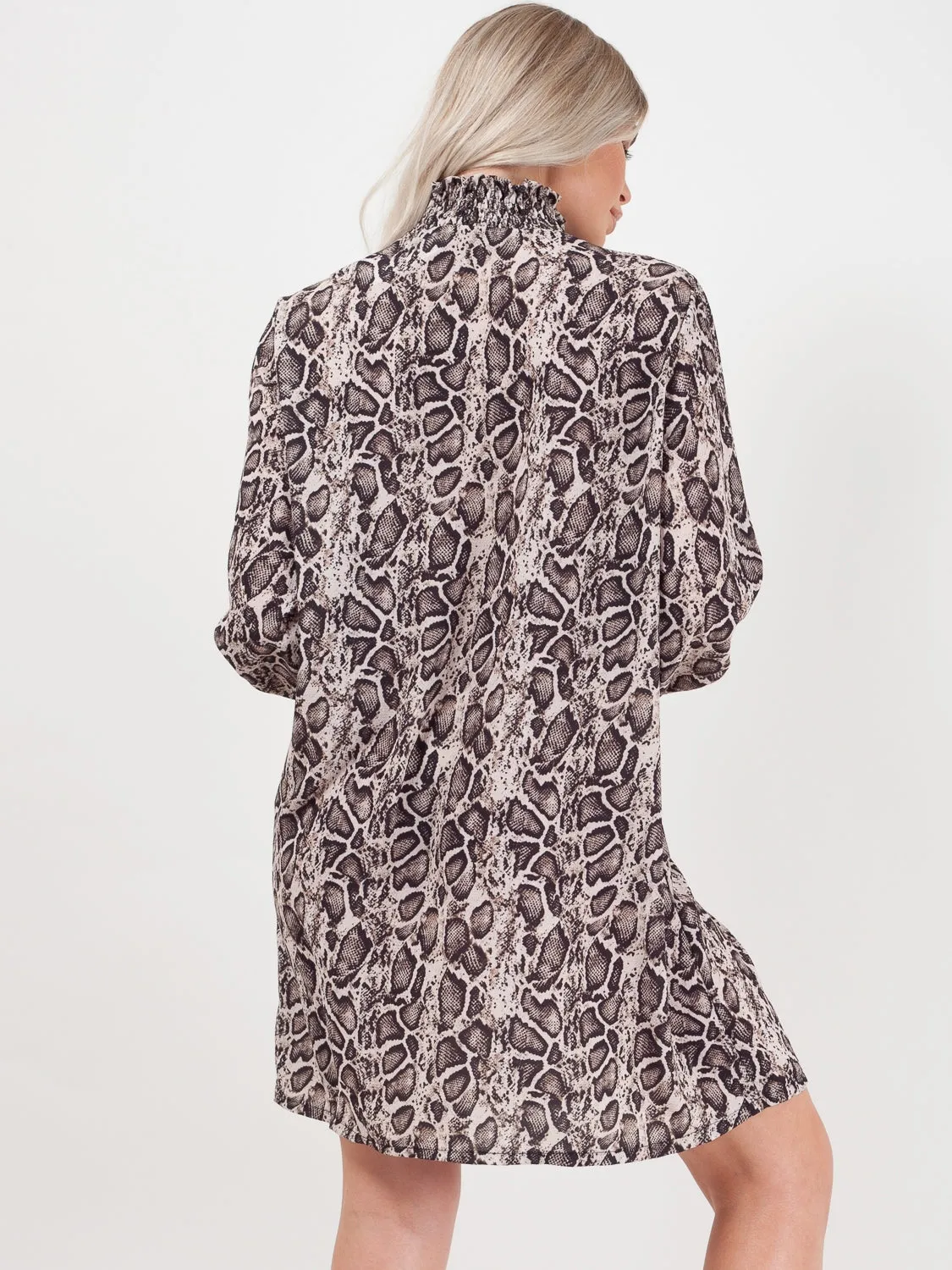 Shirred High Neck Snake Print Shift Dress