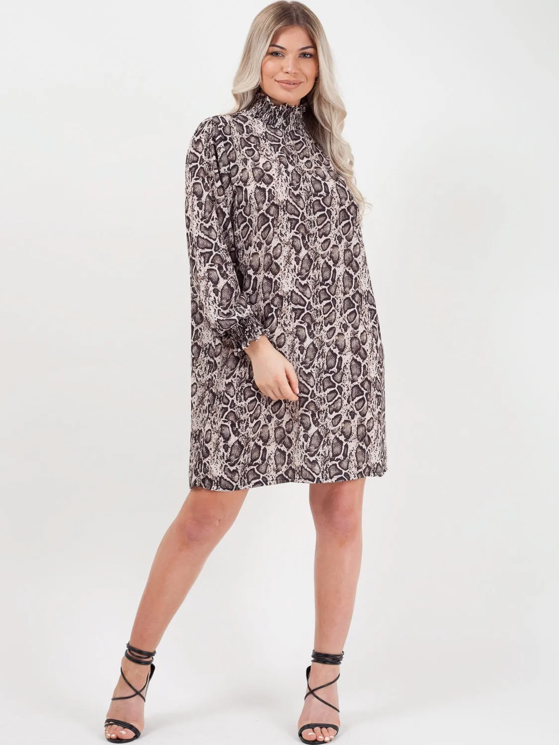 Shirred High Neck Snake Print Shift Dress