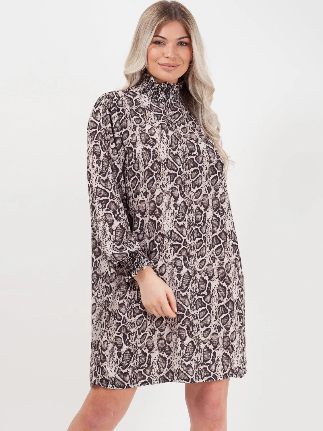 Shirred High Neck Snake Print Shift Dress