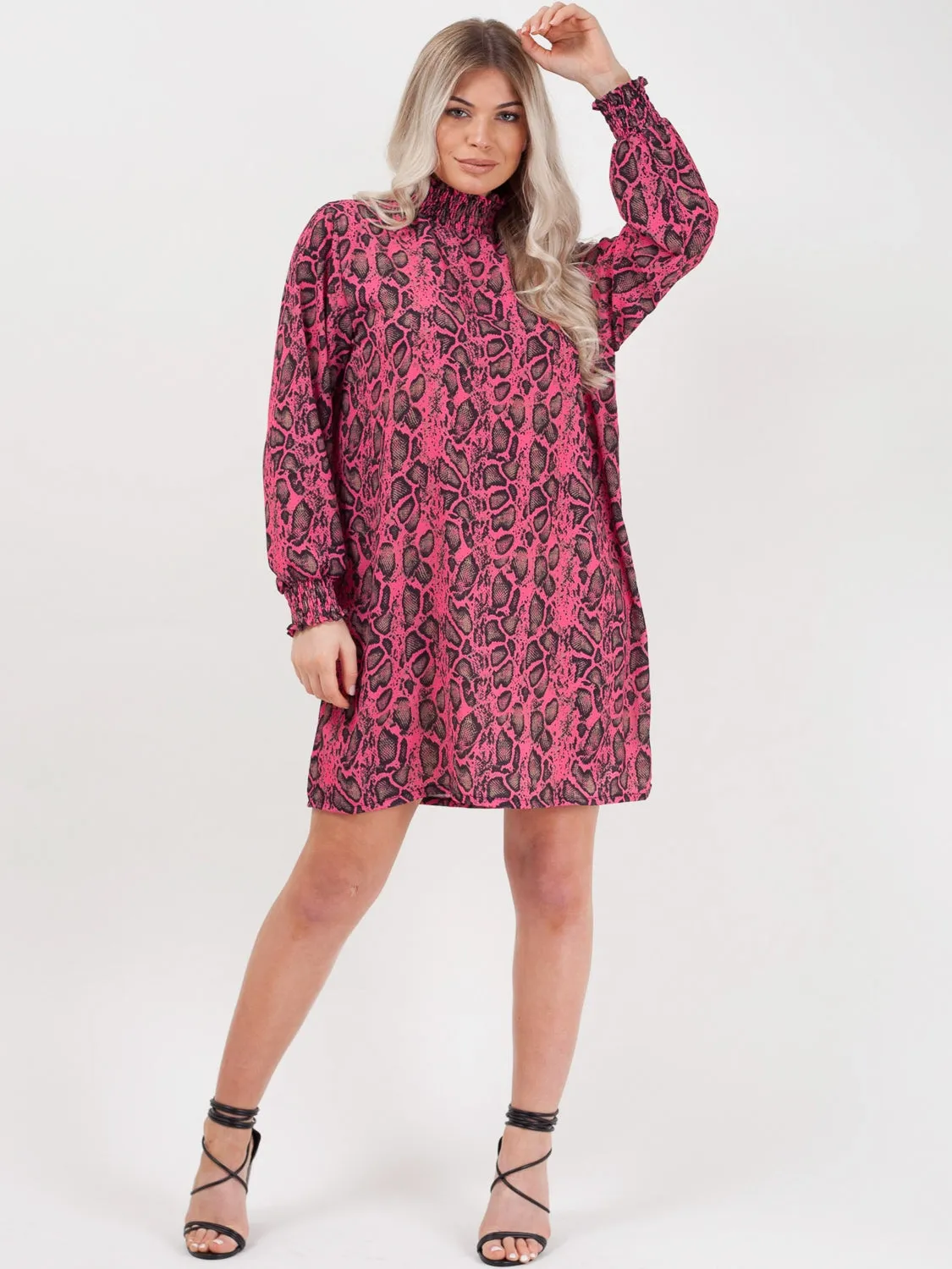 Shirred High Neck Snake Print Shift Dress